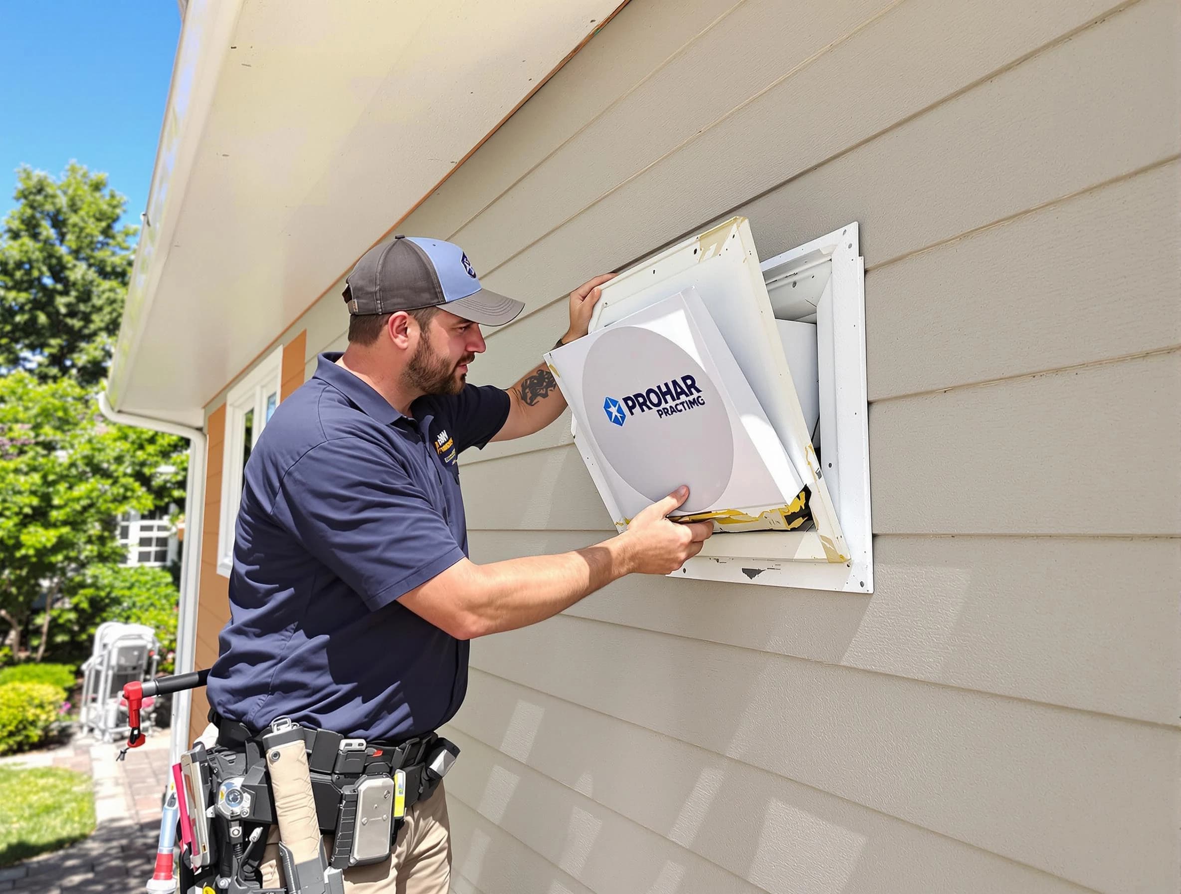 Norwood Dryer Vent Cleaning technician installing a new protective dryer vent cover on a home in Norwood