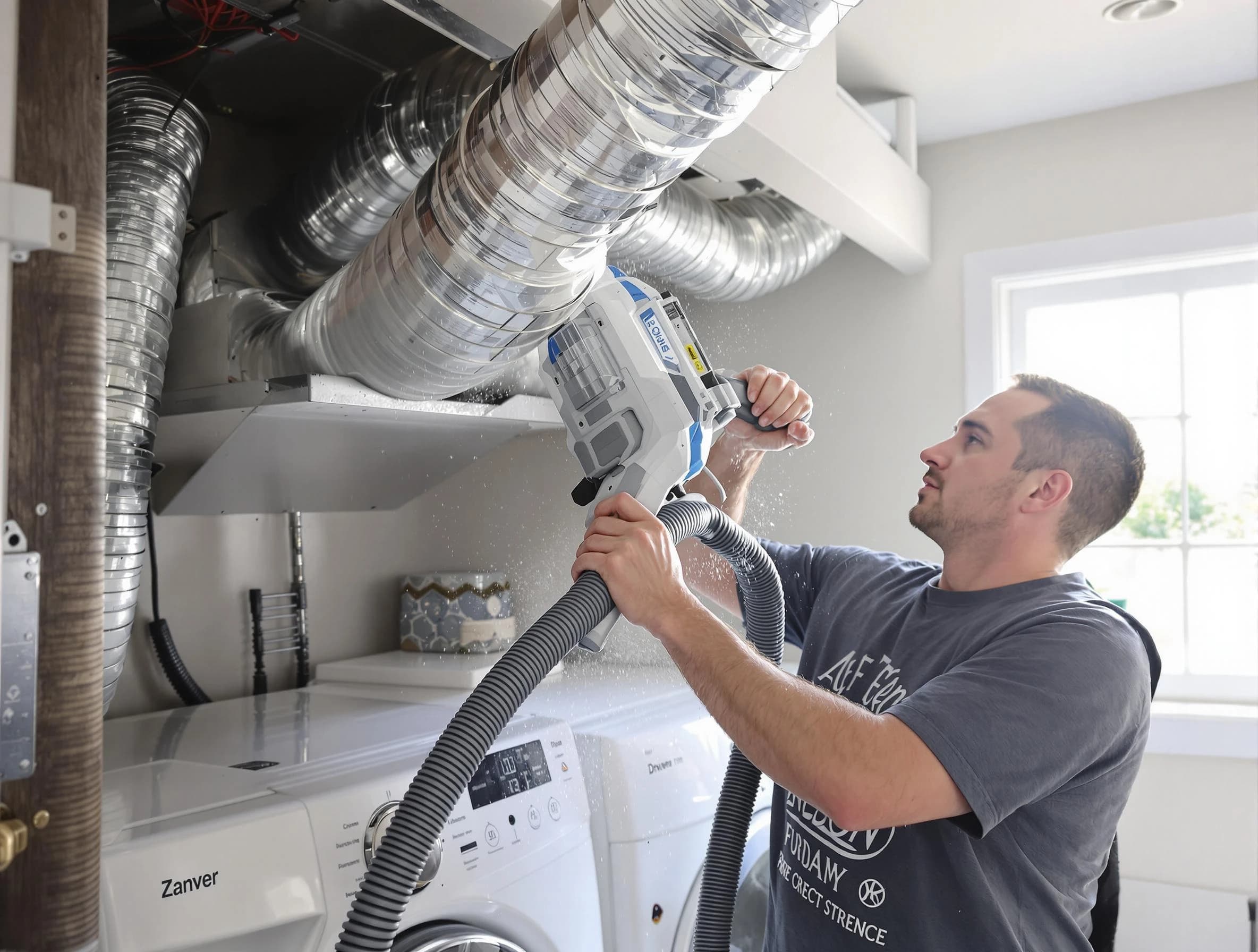Norwood Dryer Vent Cleaning specialist cleaning deep within a dryer vent duct system in Norwood