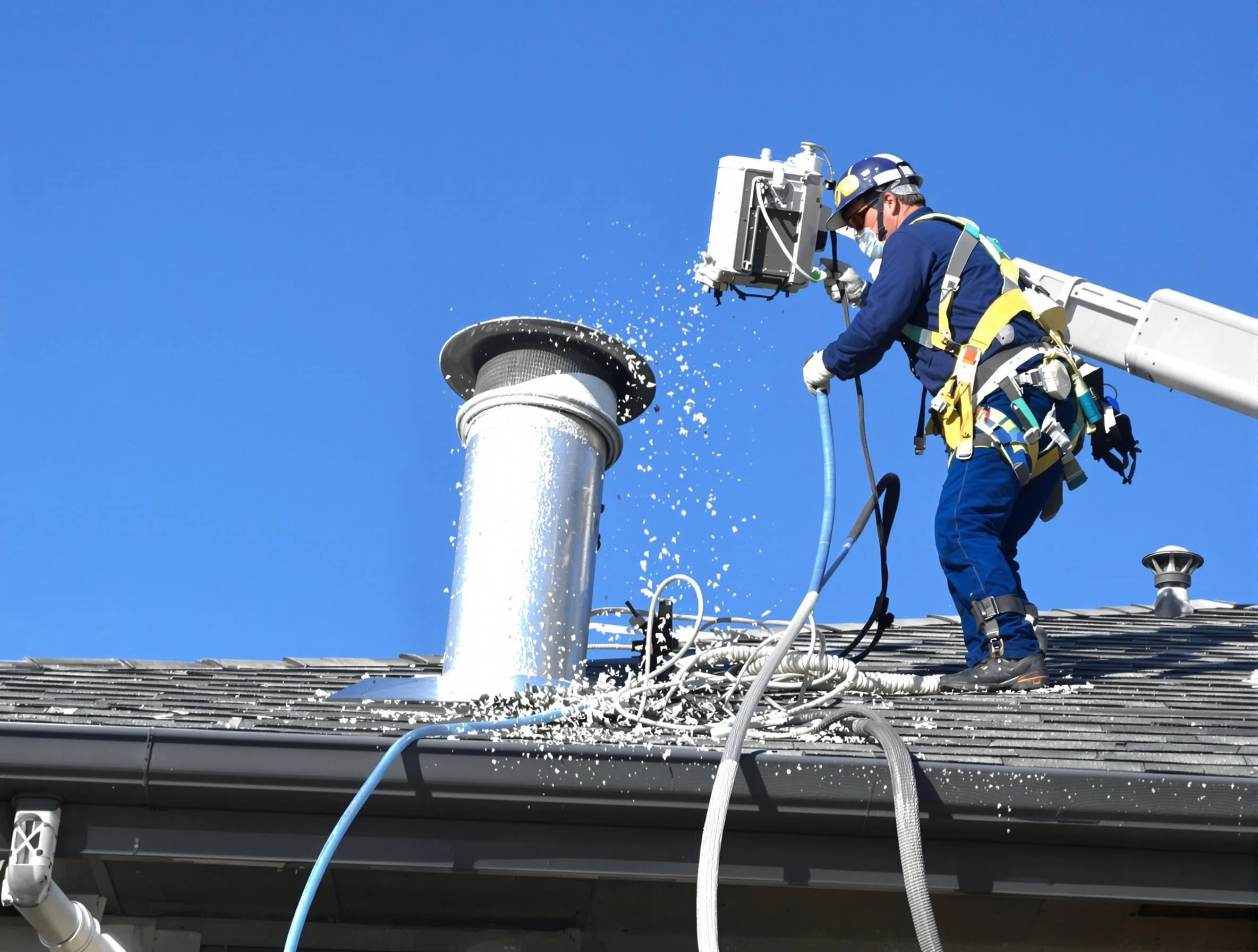 Norwood Dryer Vent Cleaning certified technician safely cleaning a roof-mounted dryer vent in Norwood